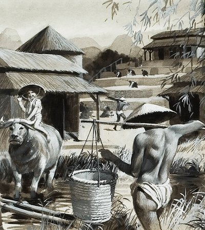 中国の農業（グワッシュ、紙） 作： アンドリュー・ハウワット