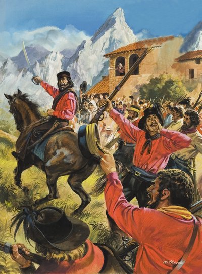 ギゼッペ・ガリバルディ（1807-82）とネオポリ王立軍との戦いにおける彼の軍隊（紙にグワッシュ） 作： アンドリュー・ハウワット