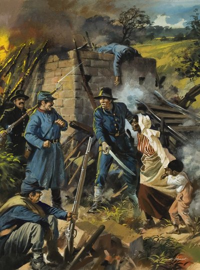 ジョン・ブラウン、1856年8月30日、奴隷制支持派の男たちを迎え撃つ（ガッシュ、紙） 作： アンドリュー・ハウワット
