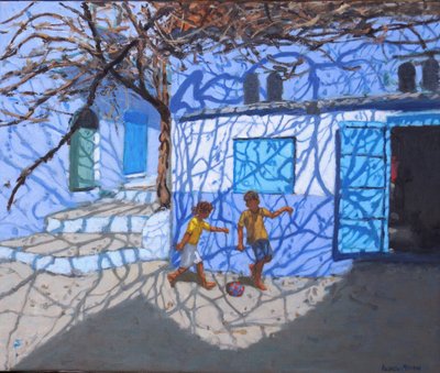 ストリートでのボール遊び,Chefchaouen,Morocco , 2018,(oil on canvas) 作： Andrew Macara