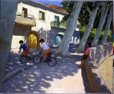 少年とバイク、フランス、（油彩・キャンバス 作： Andrew Macara