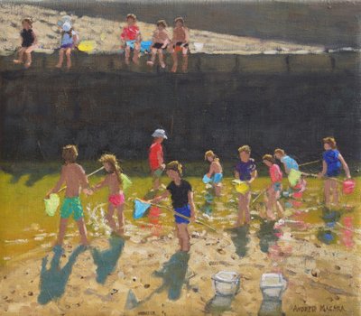 Crabbing in the Harbour,Bude, Cornwall ,2018,(oil on canvas) 作： Andrew Macara