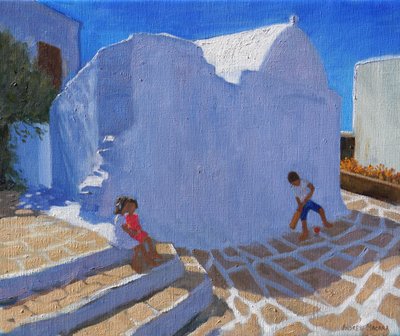 教会の壁、ミコノス島のクリケット（キャンバスに油彩） 作： Andrew Macara