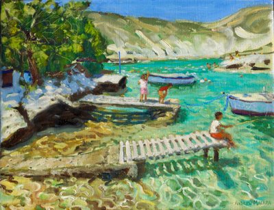 桟橋からの釣り,ミロス,ギリシャ,2018-2019（油彩・キャンバス 作： Andrew Macara