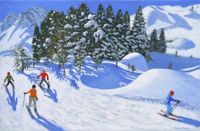 4人のアルペンスキー選手、2024年、（キャンバスに油彩） 作： Andrew Macara