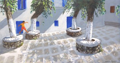 フォーツリー、ミコノスタウン、2022年（キャンバスに油彩） 作： Andrew Macara