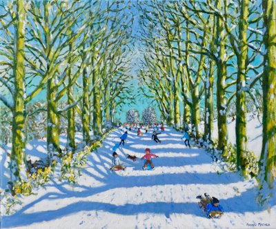 太陽と雪の中での楽しみ、ダービー、2022年（キャンバスに油彩） 作： Andrew Macara