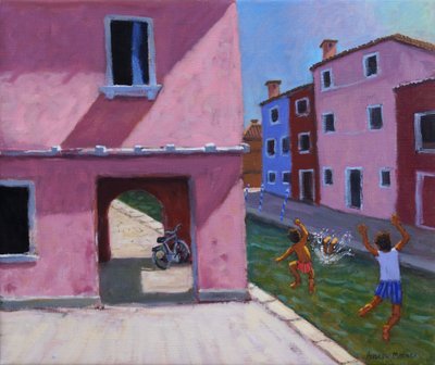 運河に飛び込む、ムラーノ、ヴェネツィア、2021年（キャンバスに油彩） 作： Andrew Macara