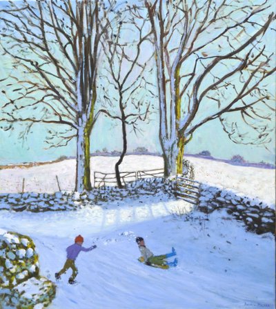 大木とそり、ダービーシャー、2023年（油彩・キャンバス） 作： Andrew Macara