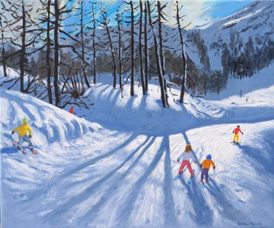 Long tree shadows and skiers,Tignes, 2016-2019,(oil on canvas) 作： Andrew Macara