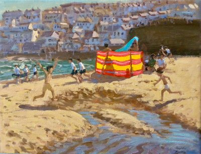 オレンジと黄色のウィンドブレーカー、セント・アイヴス.2010 14x18" 作： Andrew Macara