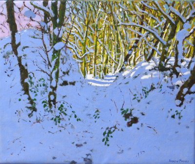 冬の森の中の道、ダービーシャー、（油彩・キャンバス 作： Andrew Macara