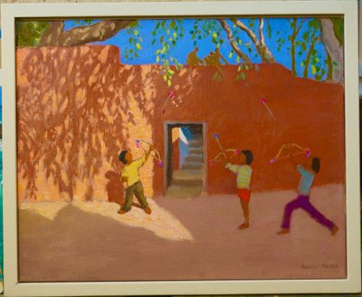 弓矢の演奏、インド、2005年（キャンバスに油彩） 作： Andrew Macara