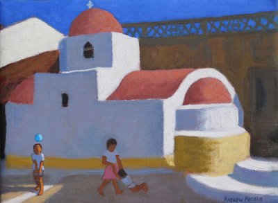 カルパトス島（ギリシャ）「教会のそばで遊ぶ」（油彩・キャンバス 作： Andrew Macara