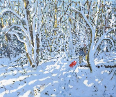 赤いそり、Allestree Park、ダービー、2022年（キャンバスに油彩） 作： Andrew Macara