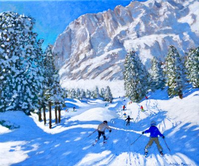 ドロミテに向かってスキー、ヴァルガルデーナ、イタリア、2022年（キャンバスに油彩） 作： Andrew Macara