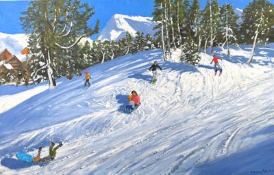 そりとスキー、レザルク、フランス、2023年（キャンバスに油彩） 作： Andrew Macara