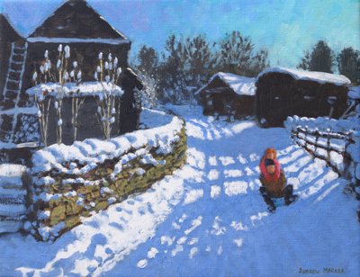 Dovedale と Thorpe の近くの Wintercroft Lane 近くのそり遊び。 アシュボーン、2021年（キャンバスに油彩） 作： Andrew Macara