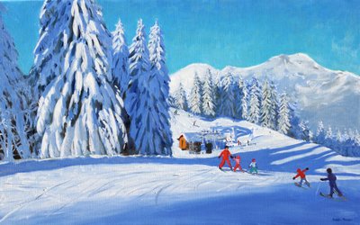 スキーレッスン、モルツィーヌ、2015年（キャンバスに油彩） 作： Andrew Macara