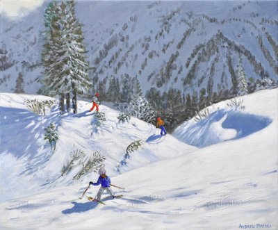 3人のスキーヤー、キッツビューエル、オーストリア、2024年（キャンバスに油彩） 作： Andrew Macara