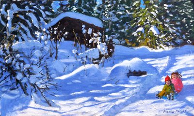 ソリに乗った二人」「オーチャード」「モルジーン」（油彩・キャンバス 作： Andrew Macara