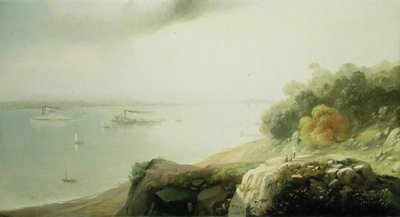 ホーボーケンのキャッスルポイントから見たニューヨークの風景（油彩・キャンバス） 作： Andrew Melrose