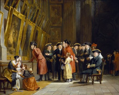 ホレイショ・ネルソン（1758-1805）の下で活躍した英国陸海軍の退役軍人の会合：グリニッジ病院のマリン・ペイント・ギャラリーを訪れたチェルシーの住民（赤い服）とグリニッジ病院の住民（青い服）。 作： Andrew Morton
