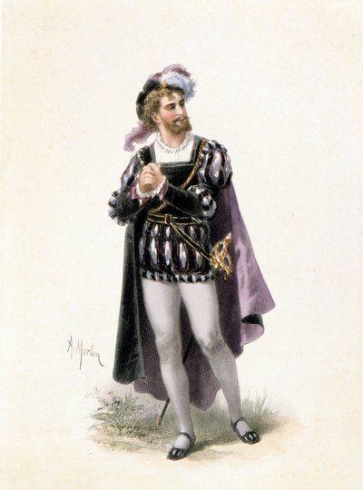 シャルル・グノー（1818-1893）のオペラ『ファウスト』でファウスト役を演じるバッセ（コリン）。A.モートンによるドローイング。19世紀 作： Andrew Morton