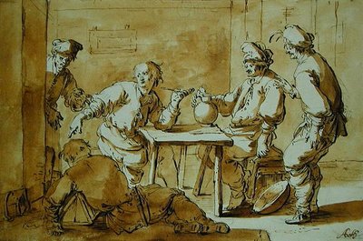 バーでは、1633年（紙にペンとインクで洗う） 作： Andries Both