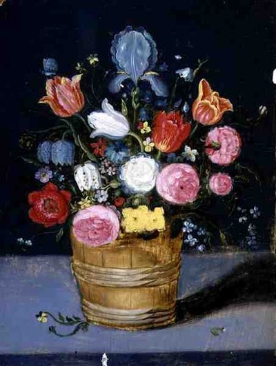 木桶の中の花の静物」（油彩・パネル） 作： Andries Daniels or Danielsz