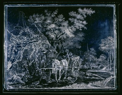 宿屋の前に馬車と人物がいる窓 作： Andries Melort