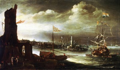 ジェノヴァ港（イタリア）前に停泊するオランダ船 作： Andries van Eertvelt