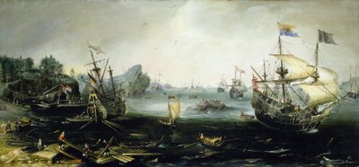 スカンジナビアのフィヨルドに木材を積み込むオランダ船。アンドリース・ファン・エルトヴェルト（1590-1652）による油絵。 作： Andries van Eertvelt