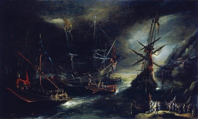 地中海の架空の海岸に描かれたスペイン遠征のオランダ風解釈「スペイン軍の乗船 作： Andries van Eertvelt