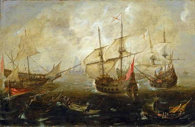 イギリス船（右）とスペイン船の操船、互いに接近する船には兵士が乗っていたのだろう。 作： Andries van Eertvelt