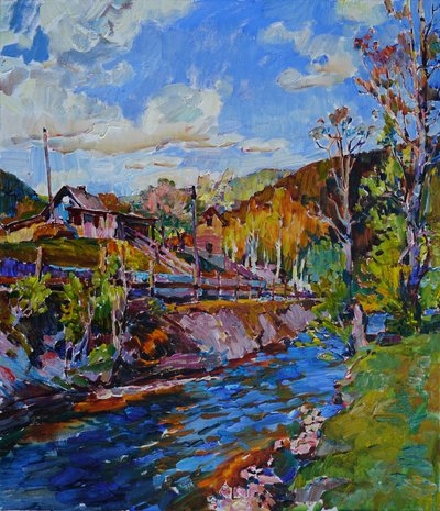 活気あふれる山間の川沿いの村 作： Andrii Kutsachenko