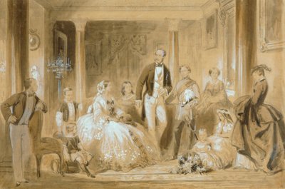 オズボーン ハウスのダイニング ルームにいる王室 (紙にウォッシュを施した鉛筆) 作： Ange Louis (1815 72) Janet