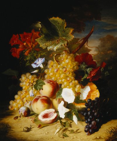 風景の中の桃、ブドウ、メロン、コンブルヴリ、その他の花、 作： Ange Louis Guillaume Lesourd Beauregard