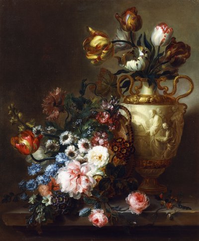 花瓶のチューリップと石の棚のバスケットのバラ 作： Ange Louis Guillaume Lesourd Beauregard