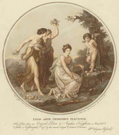 木に縛られたキューピッドをあしらう2人のニンフ（カラーリトグラフ 作： Angelica (after) Kauffmann