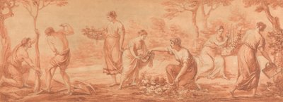 Friisi: Miehet istuttavat puita, naiset keräävät kukkia ja kastelevat kukkia 作： Angelica Kauffmann