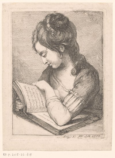 テーブルで読書をし、本に肘を置いている若い女性 作： Angelica Kauffmann