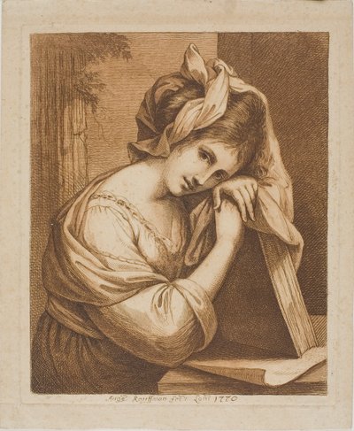 本に頭を乗せる女性 作： Angelica Kauffmann