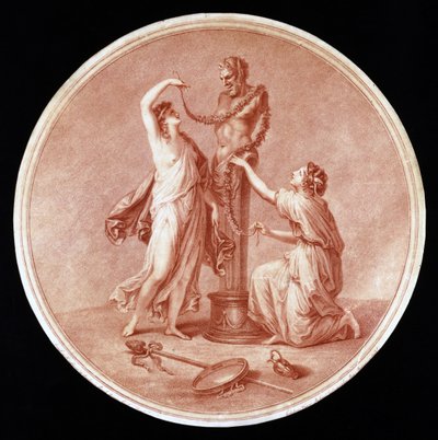 パンの像を飾るニンフ、ウィリアムウィンライランド（1732-83）1776（赤い点描の彫刻） 作： Angelica after Kauffmann