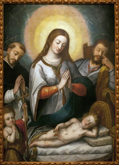 洗礼者聖ヨハネと聖ドミニクのいる聖家族。 アンジェリーノ メドーロ (1576-1633) の絵画、キャンバスに油彩 作： Angelino Medoro