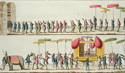 ビルマ王の行列、1820年代〜30年代に出版されたジュリオ・フェラリオ著「Le Costume Ancien et Moderne」の挿絵（彩色済みエングレービング） 作： Angelo (after) Biasioli