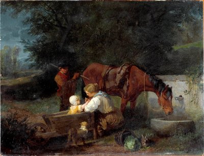 子供を連れた農夫と農夫の少年と馬 絵画：アンジェロ・ベッカリーア（1820-1897 作： Angelo Beccaria