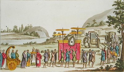 ビルマ王妃の行列、ジュール・フェラリオ著「Le Costume Ancien et Moderne」（1820年代〜30年代に出版）のプレート80（カラーリトグラフ版 作： Angelo Biasioli
