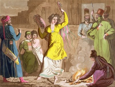 シベリア、ケメロヴォ地方、テレウト族の巫女、ジュール・フェラリオ著「Le Costume Ancien et Moderne」（1820年代〜30年代に出版）のプレート27（カラーリトグラフ版 作： Angelo Biasioli