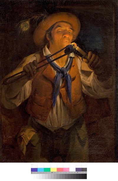 燃え盛る石炭でロウソクを灯す農民 アンジェロ・インガンニ（1807-1880）作 1850年 個人蔵 作： Angelo Inganni